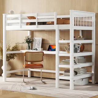 Merax Kinderbett Hochbett mit Ablagefächern und einem integrierten Schreibtisch, Hochbett Kinder aus Hochwertigem Massivem Kiefernholz und MDF gefertigt, inklusive Lattenrost, Weiß 90x200cm