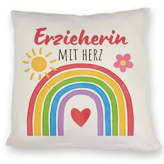 speecheese Dekokissen Regenbogen Kissen mit Spruch Erzieherin mit Herz
