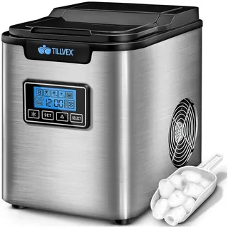 tillvex Eiswürfelmaschine Edelstahl 12 kg - 24h, Eiswürfelbereiter mit Timer, 2,2 Liter Wassertank, Ice-Maker LCD-Display silberfarben