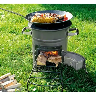 Raketenofen für Dutch Oven, Gusspfanne, Gusstopf oder Grill / mit Gusseiserner Kochplatte