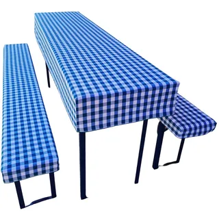 Bierzeltgarnitur Auflage (3er Set) aus 1x Tischdecke und 2X Bierbankhussen. Größe und Farben wählbar. (110 x 60 cm, Blau kariert)
