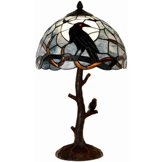 Bieye L30956 Tiffany Tischleuchte Rabe und Vollmond Buntglas, 50 cm Höhe | Motiv: Rabe auf kahlem Ast in Vollmondnacht. Dunkelblaues Buntglas. Gotische Dekoration. Schirmdurchmesser: 30 cm.