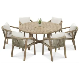 furrore Garten-Essgruppe "MARIGOLD 6+1" , 6-Stühle, 1 runder Tisch, Akazienholz, Light Teak, mit Sitzkissen, Rope / Geflecht, Boho / Skandinavisch - Naturbelassen