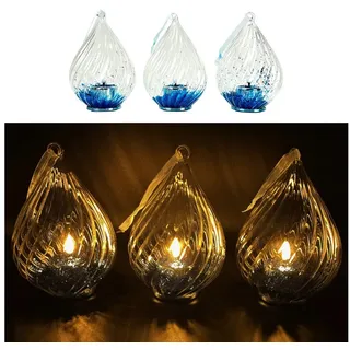 Online-Fuchs LED-Kerze - 3er Set LED Teelichter in einem Glastropfen inklusive Timer (Rot, Blau, Gold und Silber, zum Aufhängen oder Hinstellen), inklusive 6 Stunden-Timerfunktion - Weihnachtsdeko blau