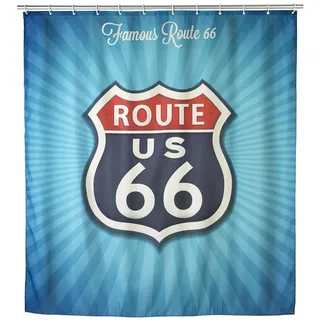WENKO 21587100 Anti-Schimmel Duschvorhang Vintage Route 66, waschbar, Kunststoff - Polyester, Mehrfarbig