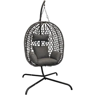 Outdoor Hängesessel mit Gestell und Standfuß 194 cm - anthrazit - Polyrattan Hängestuhl mit Kissen für Außen und Innen - Garten Terrasse Korbsessel Hängestuhl Schaukel gepolstert wetterfest