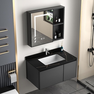 Badezimmer Waschtischschrank mit Waschbecken, badezimmermöbel mit Warm- und Kaltwasserhahn, hochauflösender Spiegelschrank, moderner Badezimmer-Waschtisch für kleine Räume ( Color : Rock board basin ,