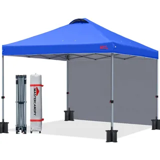 MASTERCANOPY Pop-up-Pavillon mit Seitenwand 2x2 Schnellaufbau, 3-Fach höhenverstellbar, UPF50+, wasserabweisend, inkl. Rolltasche + 4 Sandsäcke, für Camping, Events, Garten, Blau