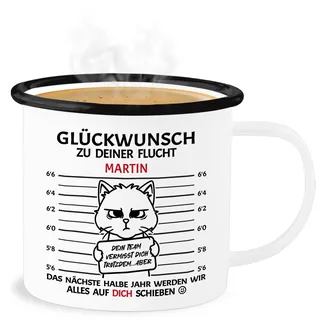 Emaille Becher Blechbecher - Tasse - Geschenk zum Abschied Kollegen Glückwunsch zu deiner Flucht Abschiedsgeschenk Kollegin mit Name I Abschied Kollege Jobwechsel Geschenk Kollege Pension - 300 ml