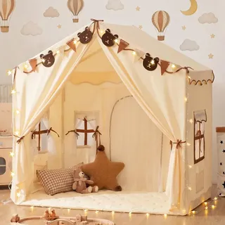 BSHAPPLUS 2-in-1 Kinderzelt mit Spielmatte, LED-Sternenlichter & Wimpeln, Spielhaus & Betttunnel mit 4 Fenstern, 2 Taschen, Pfirsichhautstoff, Beige - Beige