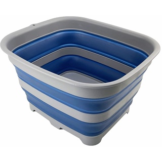 SAMMART 15L Zusammenklappbare Schüssel mit Ablaufstopfen - faltbares Waschbecken - tragbares Geschirrwaschbecken - platzsparendes Küchenregal (Grau/Nebelblau)