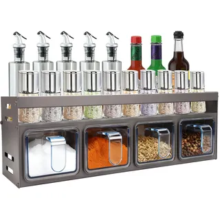 Gewürzregal mit Gewürzdosen, Gewürzregal aus Metall Stehend & Wand, Gewürzständer Hängend Ohne Bohren mit 4 Gewürzbox, Gewürzgläser mit Regal Küchen Organizer Schmal für Arbeitsplatte 34.5x11.6x10cm