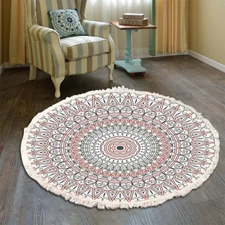 Bohemian Teppich Rund - Mandala Muster Mit Quasten, Waschbare Baumwolle für Wohnzimmer Und Schlafzimmer (120cm, Rosa)