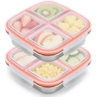 FELIXLEO Lunchbox 2er Snackbox 4 Fächer Edelstahl Brotdose 600ML Lunchbox Kinder Weiß