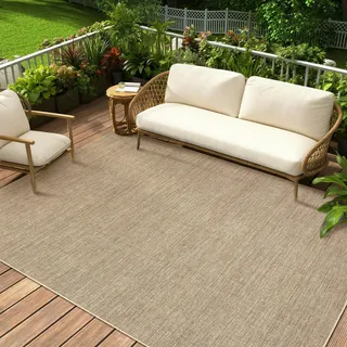 LuxFocus Jute-Look Teppich Innen/Außen 120×170 cm, einfarbiger moderner waschbarer Teppich mit Rutschfester Unterseite, flachfloriger neutraler Dekoteppich für Wohnzimmer, Schlafzimmer, Leinenfarbe