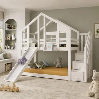 Merax Etagenbett für 2 Kinder 90x200cm, Hochbett Hausbett mit Rutsche & Stauraumtreppe & Fenstern, Kinderbett mit Rausfallschutz & 2 Lattenrost, Stockbett Holzbett Jugendbett für Kinderzimmer, Weiß
