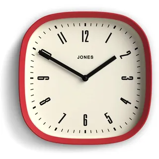 JONES CLOCKS® Marvel Wanduhr | Retro gerundete quadratische Uhr | 25cm | Rot | Cooler moderner Designer-Look für Küche, Wohnzimmer oder Büro