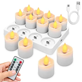 MUSUNIA LED Teelichter Wiederaufladbar mit Timer 12 Stück | Aufladbare Teelichter mit Ladestation Fernbedienung Elektrische Kerzen Flackernd für Silvester Halloween Weihnachten Deko