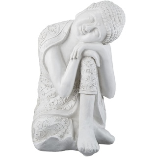 Relaxdays Gartendeko geneigtem Kopf ruhende Figur, Gartenskulptur Buddha, wetterfest, frostsicher, HxBxT: 60 x 37 x 38, Polyresin, weiß, 100%