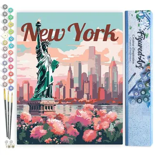 Figured'Art Malen Nach Zahlen Erwachsene Reiseposter New York in voller Blüte - Paint by Numbers Basteln DIY Bastelset 40x50cm ohne Holzrahmen