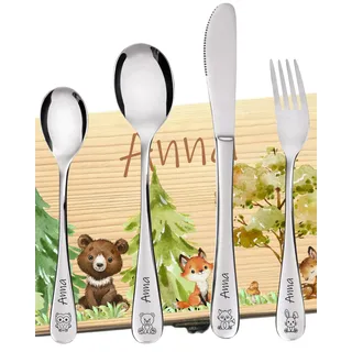 DEschenk personalisiertes Kinderbesteck mit Namensgravur | Besteck Kinder mit Gravur | Kindergeschirr personalisiert | Weihnachtsgeschenke für Babys | Taufgeschenk (Waldtiere Set)