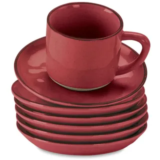 LOBERON Tasse mit Untertasse 6er Set Biarré, ursprünglicher, natürlicher Charakter, Geschirr mit mediterranen Charme, spülmaschinenfest, Tischaccessoires, Steinzeug, rot