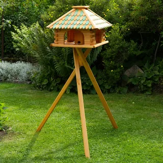 Vogelhaus Futterhaus Futterhäuschen Vogelvilla mit Holzschindeldach in versch. Farben und Solarbeleuchtung, wahlweise mit oder ohne Vogelhausständer V20, Farbe|Größe:Braun/Grün|mit Ständer
