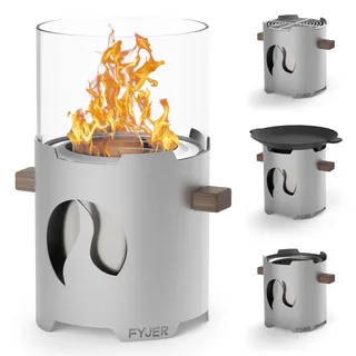 FYJER Pot FIRE 18 Feuerstelle | Vielseitige Feuerschalen für den Garten | Fire Pit aus Edelstahl mit Windschutzglas & Flammenring | Feuerkorb & Feuerschale mit Grillrost | Feuertonne für den Garten