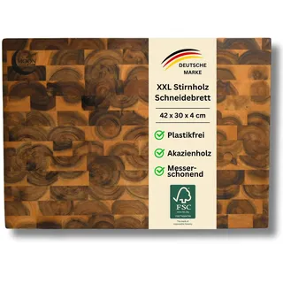 MOON HOME Premium Stirnholz Schneidebrett aus Akazienholz, 42 x 30 x 4 cm | dickes Hackbrett, Massivholz, messerschonend, groß und ideal zum Schneiden, Hacken und Tranchieren