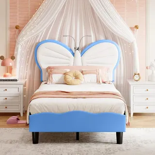 UnboxG Polsterbett 90x200 cm mit LED-Leselampen, Schmetterlingskopfteil, höhenverstellbar, Samt Polsterbett für 10–15 cm Matratzen, Jugendbett - Blau