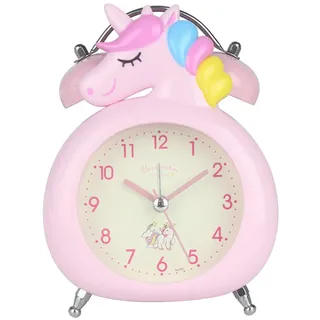 SWECOMZE Einhorn-Wecker für Mädchen und Kinder, niedliche Schlafzimmerdekoration, kein Ticken, geräuschloser Sekundenzeiger, mit Hintergrundbeleuchtung, super laute Doppelglocke, für Kinder (Rosa)