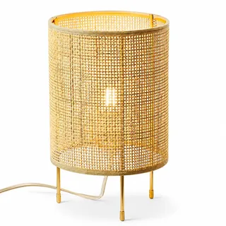 GUANSHAN Handgefertigte Rattan-Tischlampe, Nachtlicht, elegante und einfache Rattan-Nachttischlampe mit goldenen Stativständern, Tischleuchte, dekorative Tischbeleuchtung für Schlafzimmer, Wohnzimmer