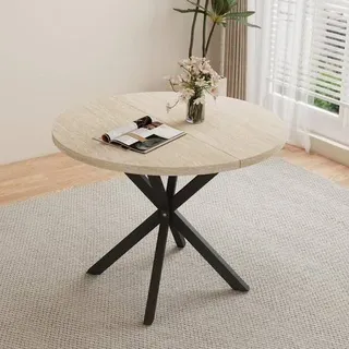 Esstisch, Runder Küchentisch, Moderner Runder Tisch, Dicke MDF-Platte und Metallbeine, für Wohnzimmer, Esszimmer, Graues Marmormuster + Gold, 100 cm