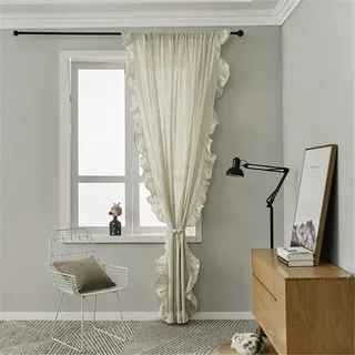 SWECOMZE 1er-Pack Vorhänge Boho Vintage Rüschengardine Shabby Chic Gardine Schal Vorhang Fensterschal für Wohnzimmer Schlafzimmer (Beige,BxH:150 * 160cm)