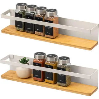 eluno Gewürzregale 2er Set mit Bambusboden, platzsparende Gewürzhalter zur Wandmontage zum Kleben oder zum Bohren - Regale schaffen mehr Ordnung auf der Arbeitsfläche, aus Metall (Beige)
