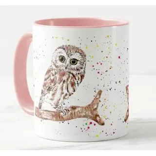 Vixar Tasse, Motiv: Eule, britische Tierwelt, handbemalt, Aquarellkunst, farbige Tasse, Geschenk, Geburtstag, Arbeit, Büro, Weihnachten, Tee, Kaffee (Rosa)