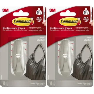 Command Designer-Haken, selbstklebend, gebürstetes Nickel - 1 Haken und 2 mittelgroße Klebestreifen - ideal zum Aufhängen von Taschen und Kleidung – für Wand oder Tür, ohne Bohren, hält bis zu 1,3 kg