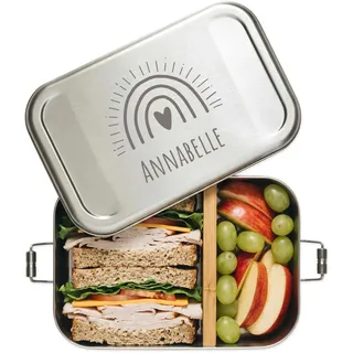 Bärenfreunde Brotdose Edelstahl personalisiert, Lunchbox, Regenbogen | Kindergarten Brotzeitbox mit Namen für Kinder mit Fächern, Metallbrotdose, gravierte Lunch-Box, Mädchen oder Junge