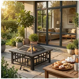 TLGREEN Feuerschale 3 in 1 - Gartenfeuerstelle mit Grill & Funkenschutz, (81x81x45cm Robuste Eisenfeuerschale, für Terrasse/Winter/Party), Feuerschalen für den Garten, mit Grillrost & Wasserfeste Abdeckung schwarz