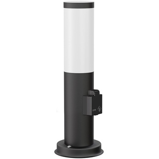 ledscom.de Pollerleuchte PORU mit Steckdose für außen, schwarz, rund, 39 cm, inkl. E27 Lampe, Energieeffizienzklasse A, gefrostet (weiß, 4W, 946lm)