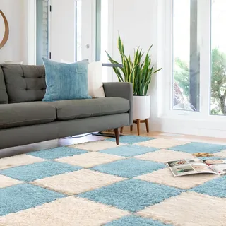 quolliter 10 Stück Plüsch-Puzzle-Bodenschaummatten, Flauschige Ineinandergreifende Teppichfliesen, Weiche Puzzle-Matten für Schlafzimmer, Salon, Homeoffice (Cremeweiß+Blau)