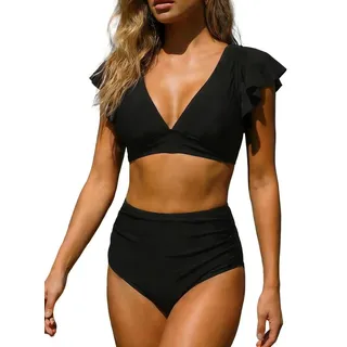 Badeanzug Damen, V-Ausschnitt - Zweiteiliges Bikini-Set - Hohe Taille - Rüschen - Atmungsaktives Material - Angenehmer Tragekomfort - Schwarz