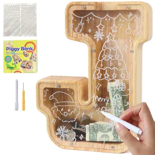 Lakpopya Personalisierte Kinder Spardose für Jungen & Mädchen - Durchsichtig mit Buchstaben A-Z, Zielbereich & Aufkleber & Marker - Taufe & Geschenk Dekoration (J)