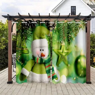 Hiseng wasserdichte Vorhänge Outdoor, Weihnachten Schneemann 3D Drucken Outdoorvorhänge 2 Stück Verdunkelungsvorhang Blickdicht mit Ösen Sichtschutz Vorhang (106x160cm,Tannenblätter)