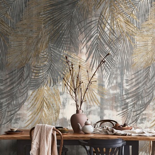 Livingwalls Vliestapete - Tapete Palmenblätter in Gold, Beige und Weiß - Wandtapete für verschiedene Räume - Wandbild XXL 2,80 m x 1,59 m