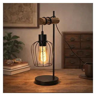 ZMH Tischleuchte Wohnzimmer Retro Schwarz-Holz Nachttischlampe Industrial Design E27, Einfache Installation, ohne Leuchtmittel, 1 Flammig Vintage Tischleuchte im Industrial Design aus Metall Esstich schwarz
