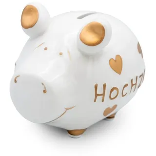 Logbuch-Verlag Dekofigur Sparschwein Hochzeit Keramik Weiß Gold 12,5 cm Spardose Geldgeschenk