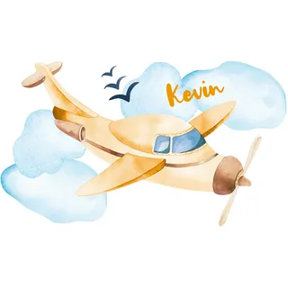 GRAZDesign Wandtattoo Kinderzimmer Junge Flugzeug | personalisiert mit Name | Wandsticker Babyzimmer Baby Jungen | Wandaufkleber Kinderzimmer Deko 69x40cm, Gelb