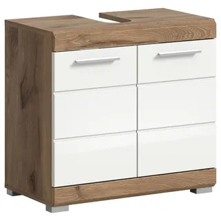 xonox.home Waschbeckenunterschrank Wave Weiß Hochglanz/Nox Oak 56 cm x 60 cm x 34 cm