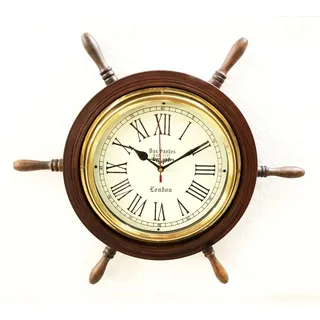 Antike Marine 45,7 cm Holz Schiffsrad Messing Uhr nautische Wanduhr Heimdekoration